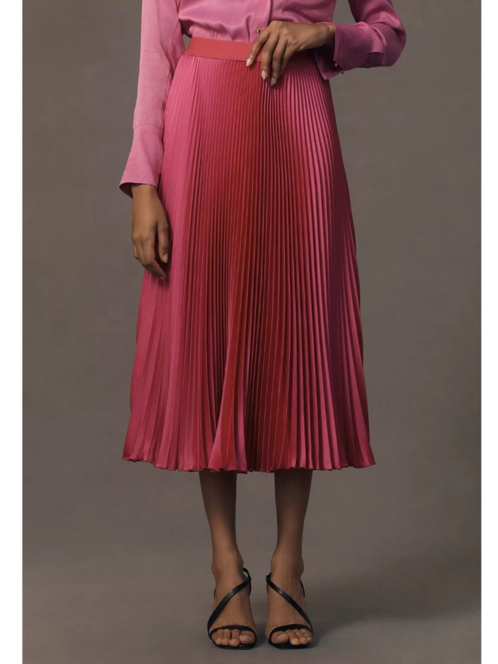 By Anthropologie Satin Pleated Midi Skirt Raspberry L